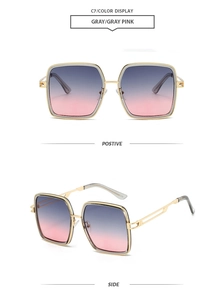 Front and side views of square metal sunglasses with gray-pink gradient lenses