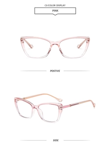 Detail view of pink cat eye frames with golden metal accents and transparent finish