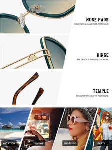 Detailed views of square sunglasses featuring golden metal hinges and tortoiseshell temples