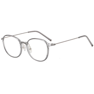 Modern transparent grey round eyeglasses frame with slim metal temples and silicone nose pads