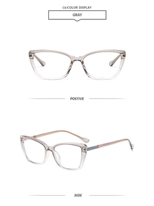 Macro view showing the front and 45-degree side angle of transparent gray cat-eye frames