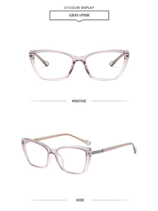 Detailed view of gray and pink cat-eye frame glasses from front and side perspectives