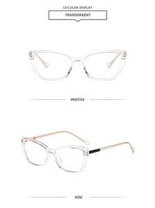 Detailed view of transparent cat-eye optical frames with slim gold metal temples