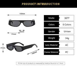 Detailed size chart for rectangular sunglasses showing 150mm frame width and AC lens specs