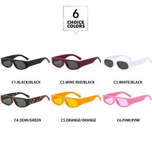 Detail showing rectangular sunglasses in six trendy colors from black to orange