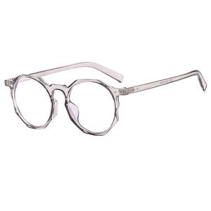 Montatura per occhiali poligonale grigio trasparente con lenti anti luce blu retro