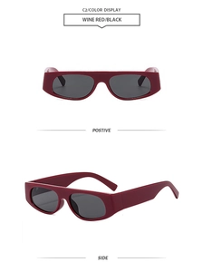 Front and side view of wine red square sunglasses with black lenses and wide frames