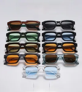 Collection of nine colorful retro square sunglasses in a pyramid display layout