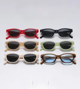Flat lay of vintage cat-eye sunglasses in six various colors and smooth finish