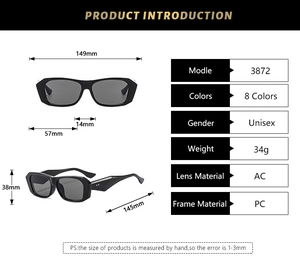 Detailed dimension guide for black irregular square sunglasses with frame and lens measurements