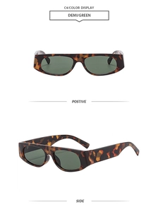 Detailed front and side views of demi frame square sunglasses with green lenses