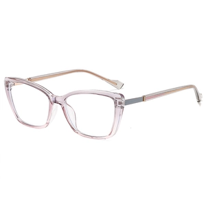Retro cat-eye eyeglasses with transparent pink frames and metallic side accents