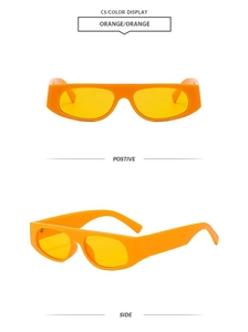 Front and side view of orange rectangular thick frame sunglasses with matching tinted lenses