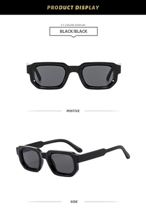 Detail view of vintage square black sunglasses with thick frames from front and side angles