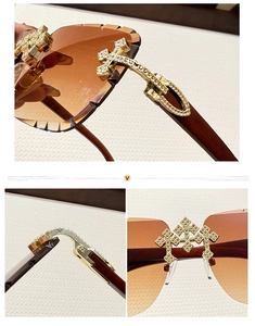 Detail of rimless square sunglasses with serrated edges and golden floral crystal accents