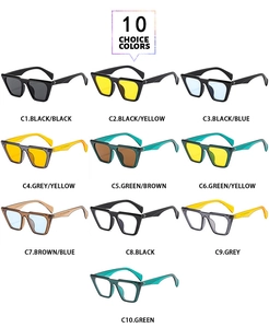 Flat lay of 10 vintage oversized square sunglasses in assorted frame and lens colors