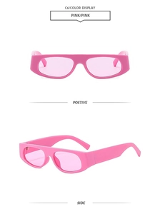 Detail view showing pink square Y2K sunglasses with unified color frames and lenses