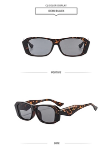 Detail view showing vintage demi leopard print frames and dark grey lenses for sun protection