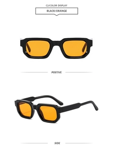 Detail view of rectangular black frame sunglasses with vibrant orange lenses shown in two angles