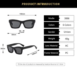 Detailed size specifications for cat-eye sunglasses with product dimensions and specs table