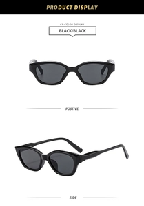 Front and side view of classic black cat-eye sunglasses with dark grey lenses