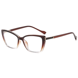 Retro oversized cat-eye glasses with brown to transparent gradient frame and metal hinges