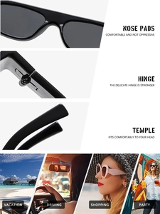 Detail view of smooth integrated nose pads and sturdy metal hinges on black square sunglasses