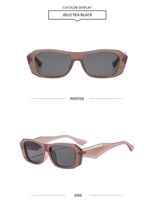 Detailed view of jelly tea rectangular sunglasses with dark grey lenses and wide frames