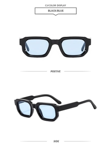 Retro square sunglasses with black frames and light blue transparent lenses in dual views