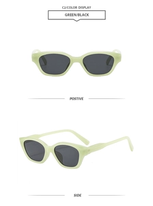 Detail view of light green translucent cat eye sunglasses with dark lenses from two angles