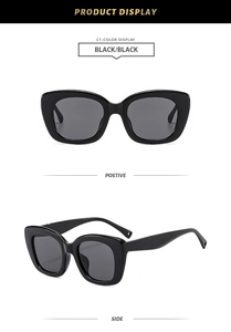 Detailed front and side view of classic black cat-eye sunglasses with thick retro frames