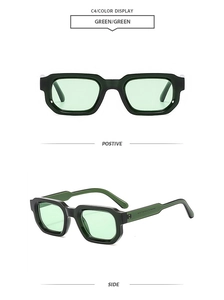 Detail view of vintage rectangular sunglasses in C4 green with wide temples and clear lenses