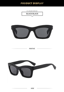 Front and side view of classic black retro cat-eye sunglasses with thick frame design