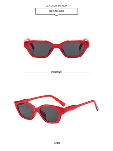 Detailed front and side views of vintage red cat eye sunglasses with dark lenses