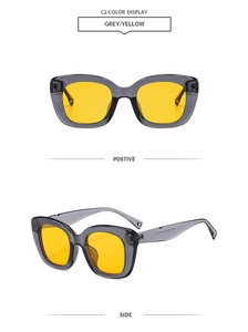 Detailed front and side views of grey transparent thick frame cat eye sunglasses with yellow lenses