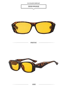 Detail view of retro square tortoise frame sunglasses with orange lenses from two angles