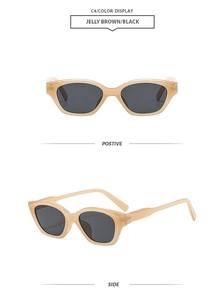 Front and side view of jelly brown cat-eye sunglasses with dark lenses for women