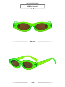 Viste dettagliate di occhiali da sole ovali verde neon con lenti marroni di fronte e di lato