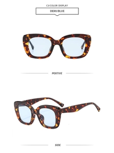 Detail view of tortoiseshell cat-eye sunglasses with light blue lenses from multiple angles