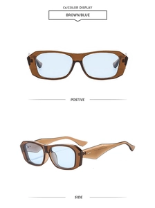 Detail view of vintage brown rectangular frames with blue lenses from front and side