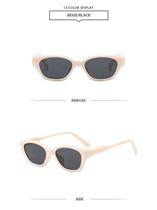 Front and side view of beige retro cat-eye sunglasses with black lenses and thick frames