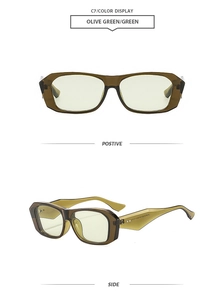 Olive green rectangular thick frame sunglasses with retro industrial style hinges