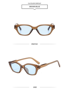 Front and 45-degree angle views of retro cat eye sunglasses with brown frames and blue lenses