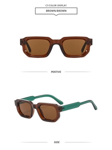 Side and front view of vintage rectangle sunglasses with brown frames and green temples