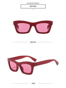 Detailed front and side views of vintage red thick frame sunglasses with pink lenses