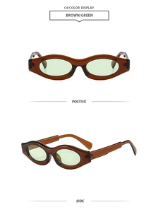 Dettaglio occhiali da sole ovali retrò con montatura marrone e lenti verdi stile outdoor