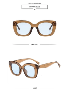 Detail view of brown cat eye sunglasses with blue lenses from front and side angles