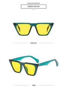 Front and side view of retro green cat-eye sunglasses with yellow lenses and metal trim