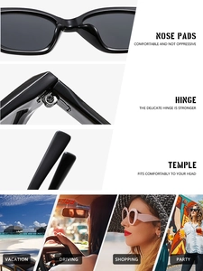 Detail of integrated nose pads, reinforced hinges and temples on black cat eye sunglasses