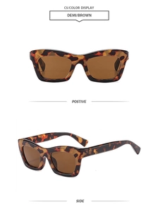 Detailed views of retro tortoiseshell cat-eye sunglasses with brown UV lenses